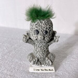 Vintage Grey “I Love You This Much” Troll Figurine with Green Hair